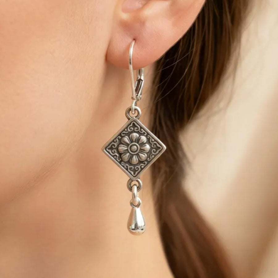 Sunflower Embossed Drop Earrings with Antique Silver Scrollwork Border