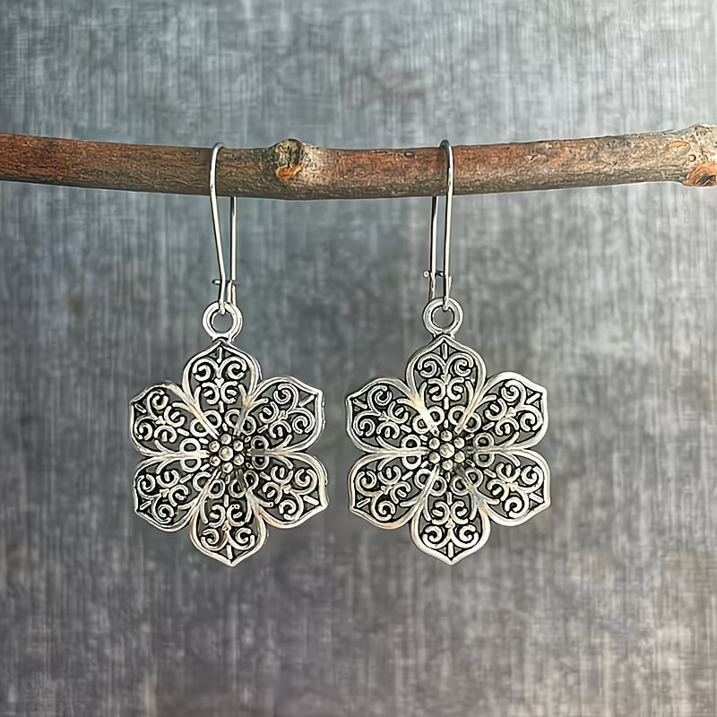 Filigree Flower Drop Earrings with Zirconia Accents in Antique Silver Tone