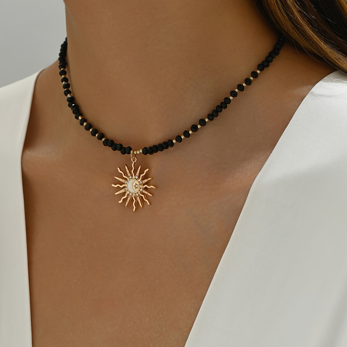 Sunburst Pendant Beaded Glass Choker Necklace with Gold-Tone Accents