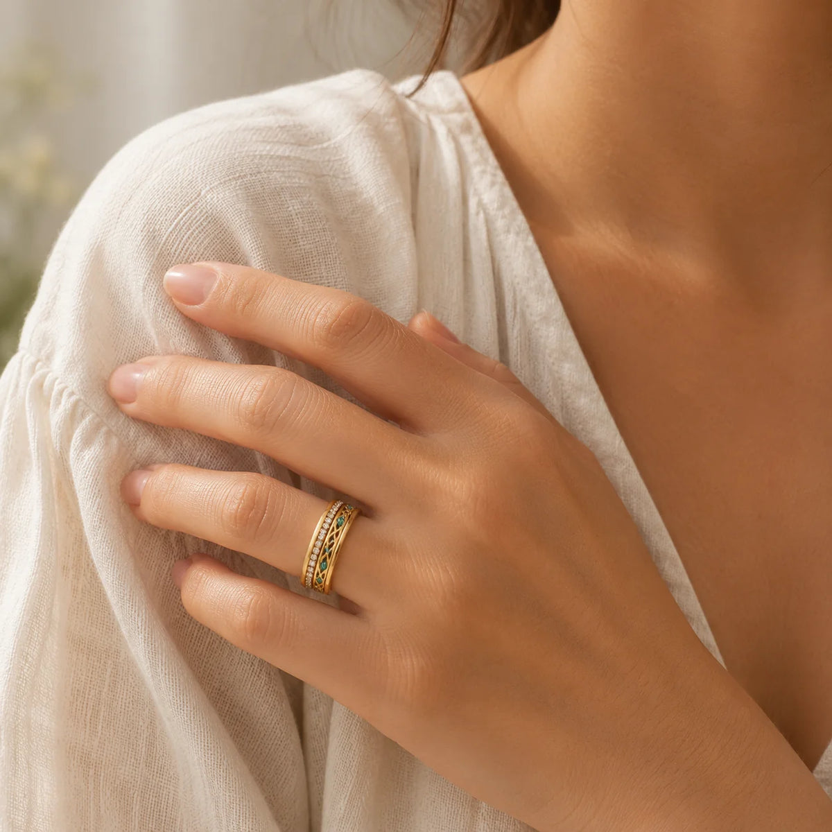 Vintage Lattice Ring with Clear Crystal and Teal Gemstone Accents in Gold Tone