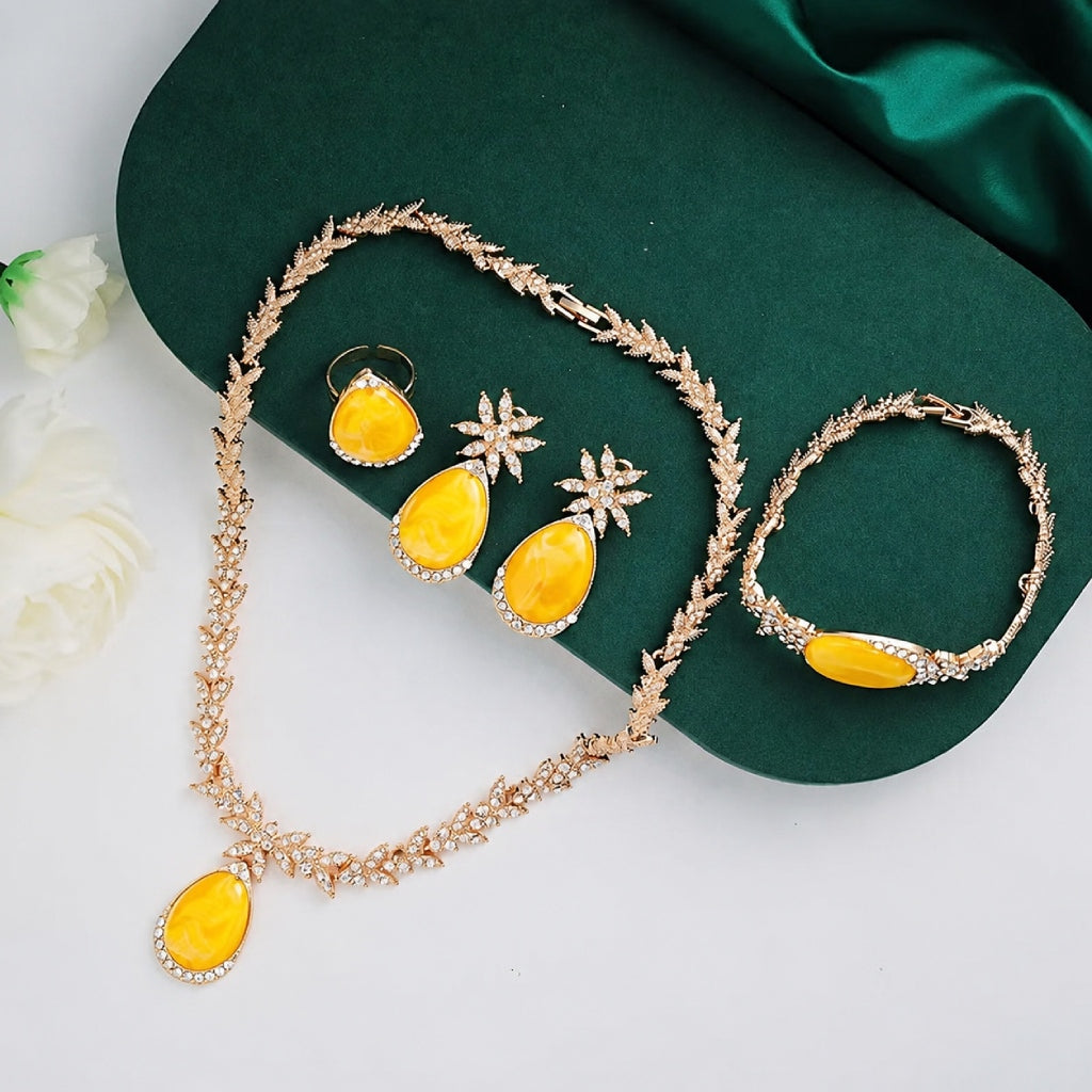 Amber Teardrop Jewelry Set with Rhinestone Accents, Necklace, Bracelet, Earrings & Ring — main image