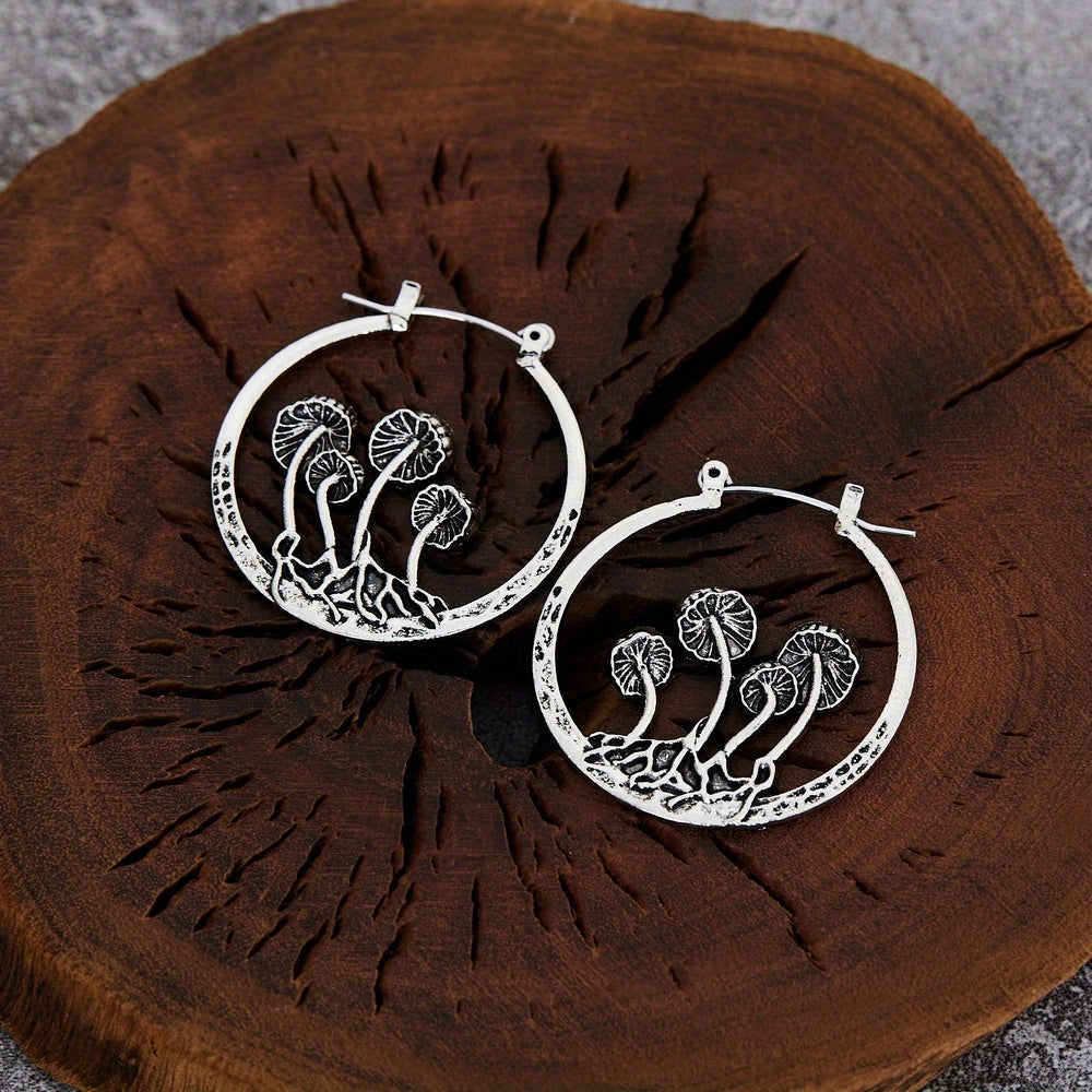 Mushroom Cluster Hoop Earrings with Carved Root Detail