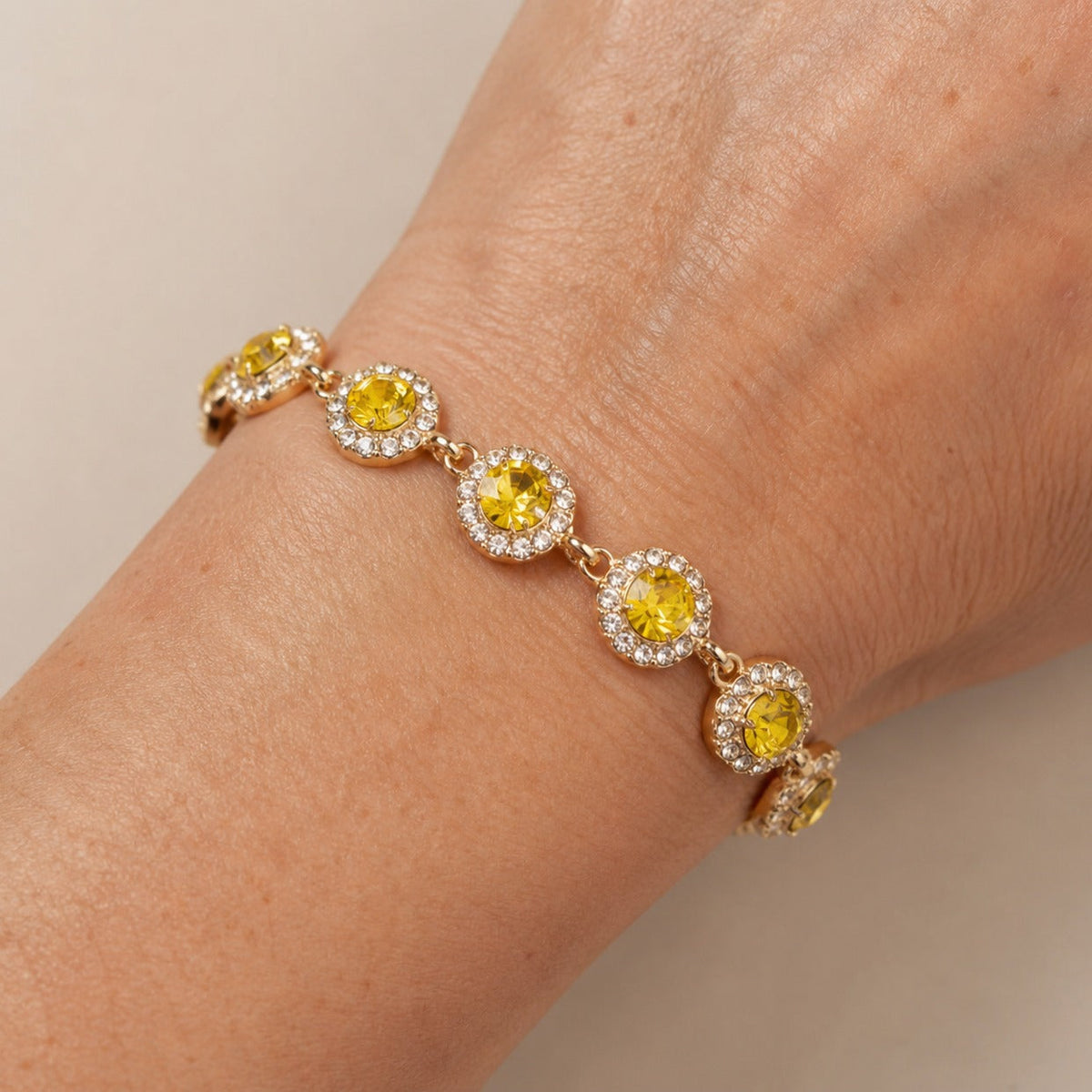 Yellow Halo Rhinestone Tennis Bracelet with Gold-Tone Chain — main image