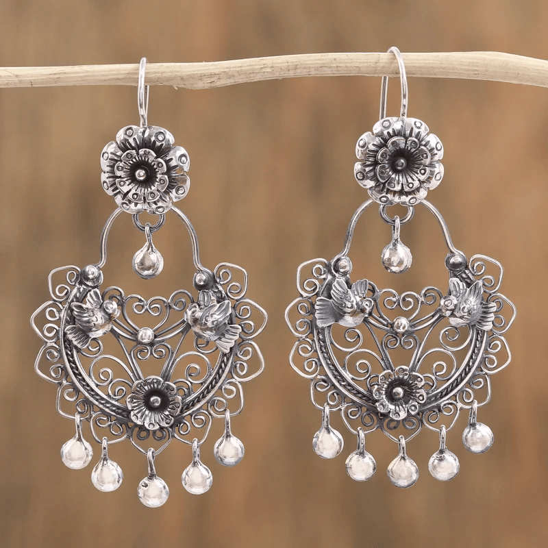 Bird & Floral Filigree Tassel Drop Earrings, Silver-Tone Finish