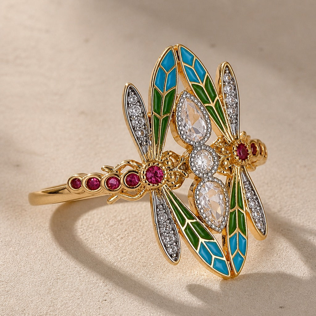 Dragonfly Statement Ring with Enamel Wings and Ruby-Toned Accents — main image