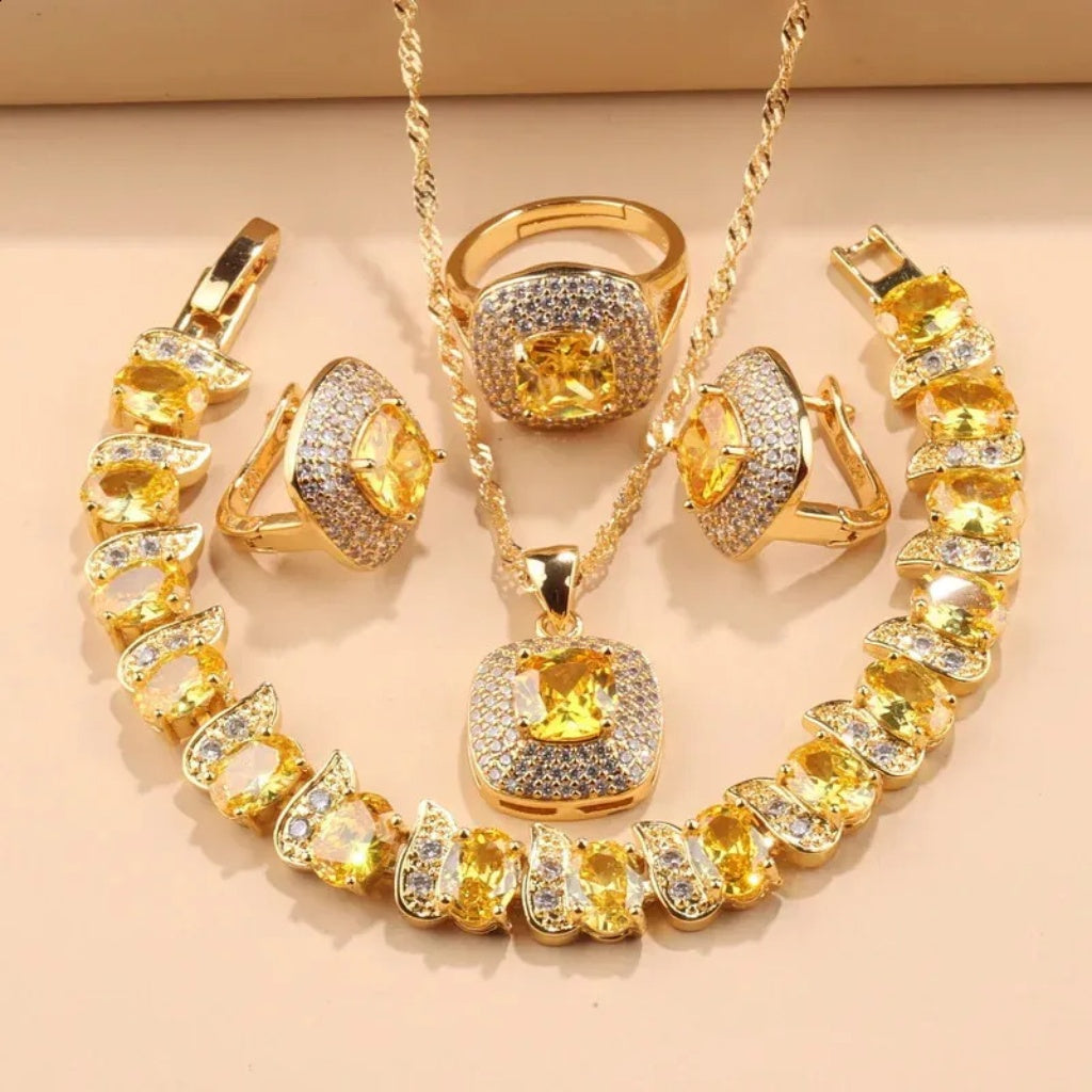 Yellow Cubic Zirconia Jewelry Set – Necklace, Bracelet, Ring & Earrings, 18K Gold-Plated Copper — main image