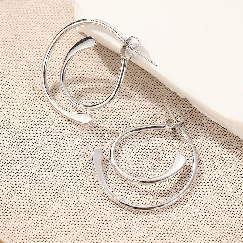 Curved Bar Hoop Earrings in Silver Tone with Vintage Bohemian Design