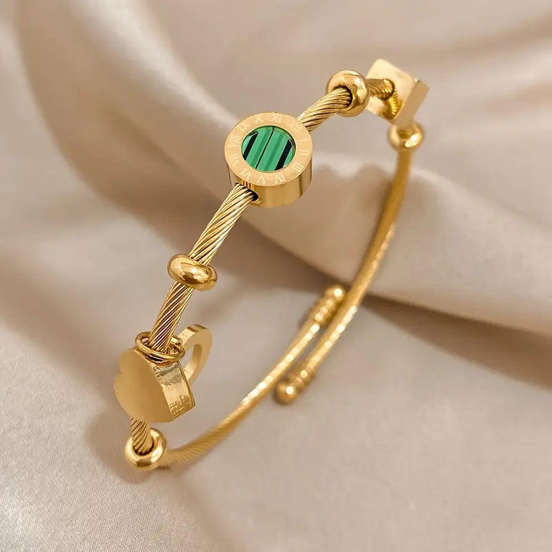 Charm Bangle Bracelet with Green Stone Medallion, Heart and Ring Charms