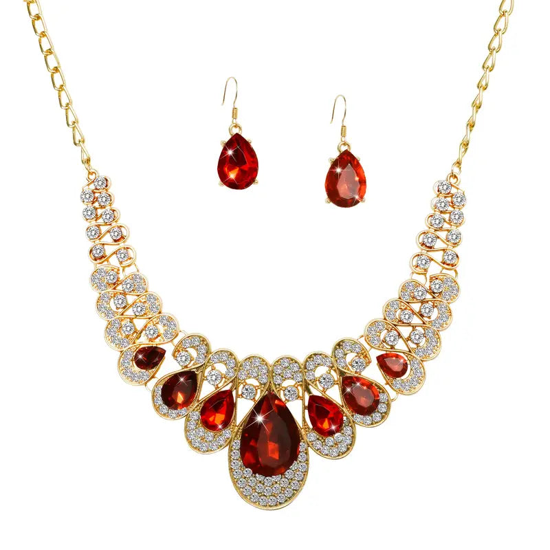 Teardrop Ruby-Red Crystal Necklace and Earring Set, Gold-Tone Tiered Design — view 3