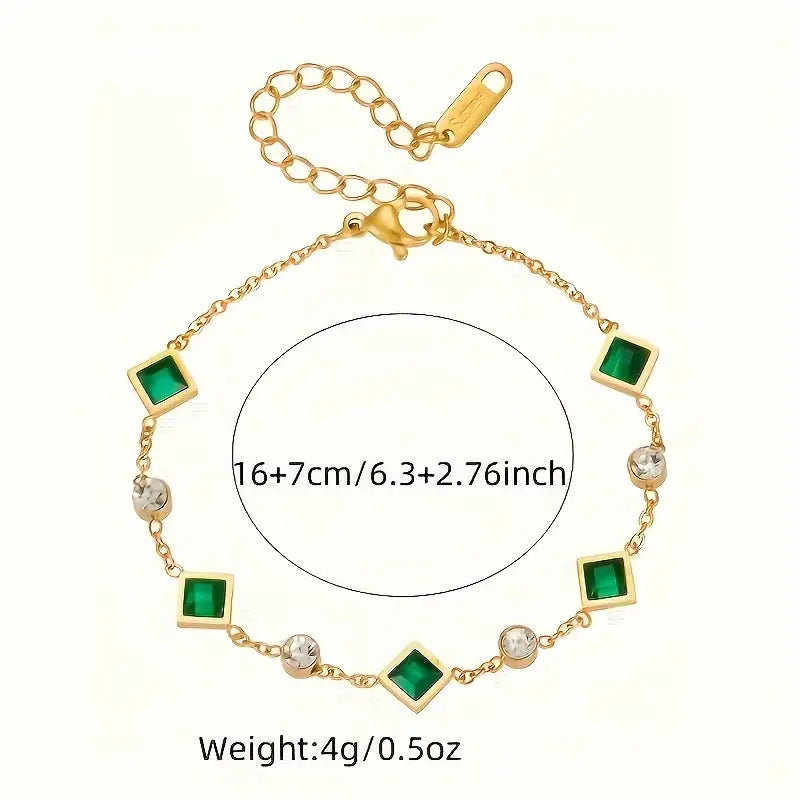 Emerald and Crystal Bezel-Set Link Bracelet in Gold Tone with Lobster Clasp