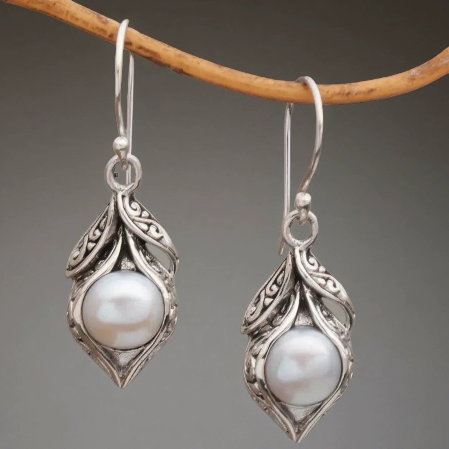 Pearl Drop Earrings with Carved Silver Filigree Leaf Detail