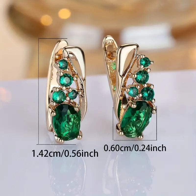 Oval Emerald Cluster Hoop Earrings with Green Accent Stones in Gold Tone
