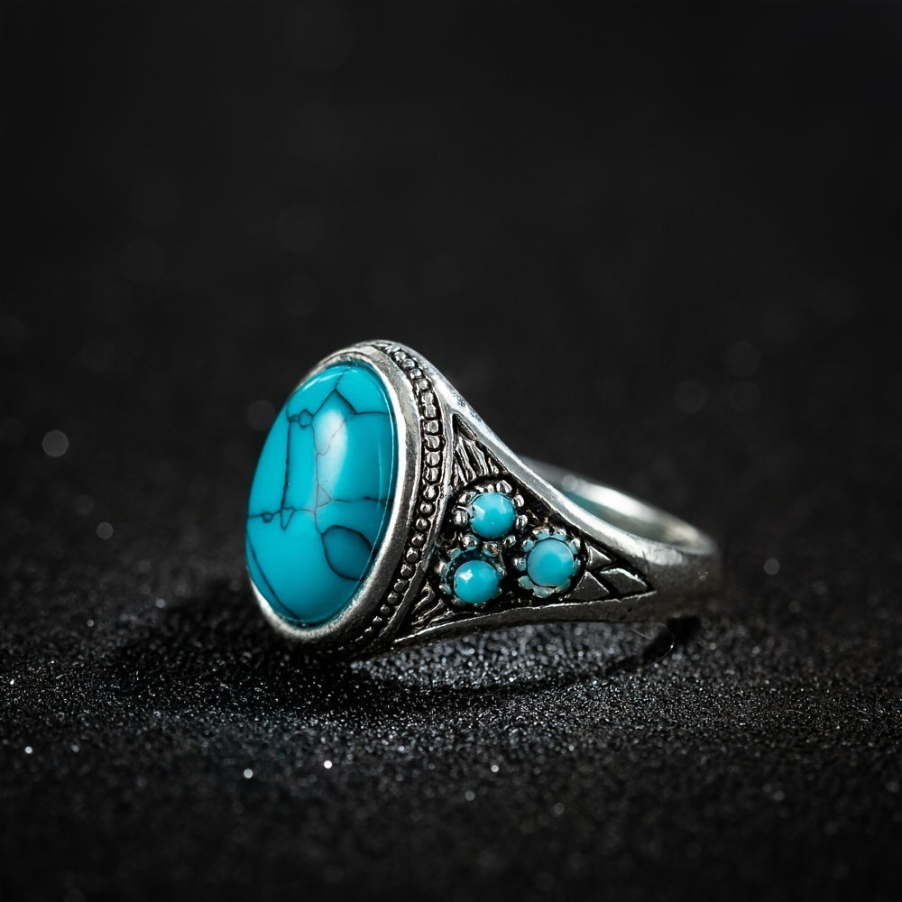 Oval Turquoise Statement Ring with Ornate Silver-Tone Filigree Detail