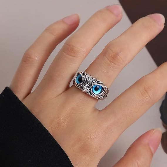 Owl Statement Ring with Turquoise Eyes and Antique Silver Finish — view 3