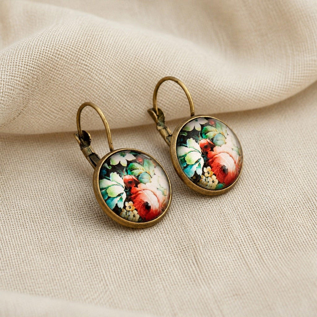 Floral Dome Cabochon Drop Earrings with Antique Brass Finish — view 2