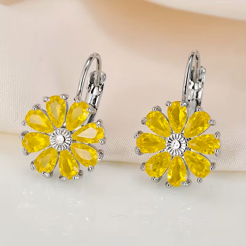 Yellow Crystal Flower Drop Earrings with Lever-Back Closure — main image