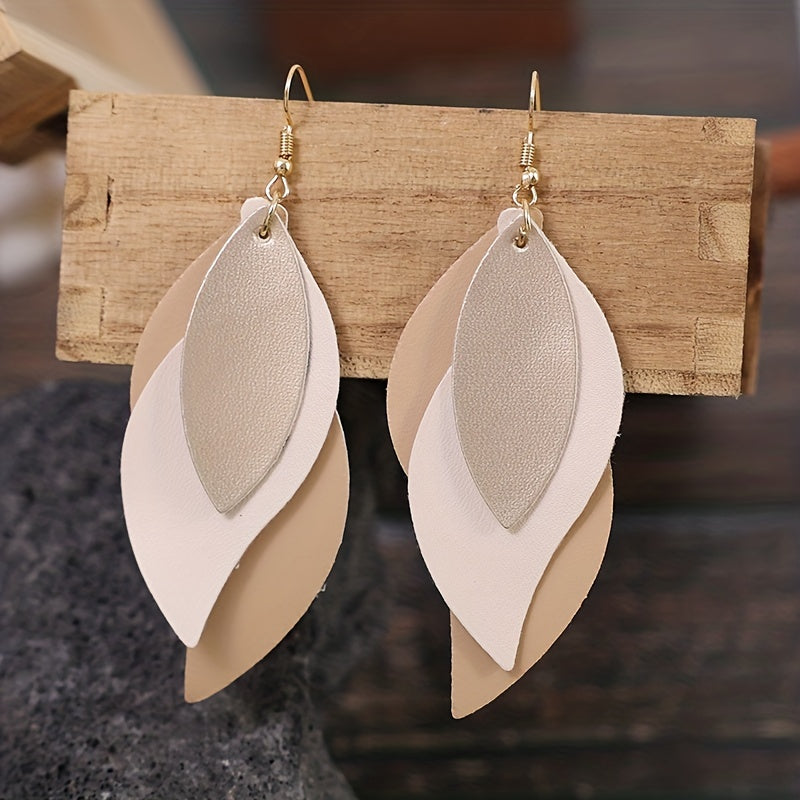 Layered Leaf PU Leather Drop Earrings with Silver-Tone Hook