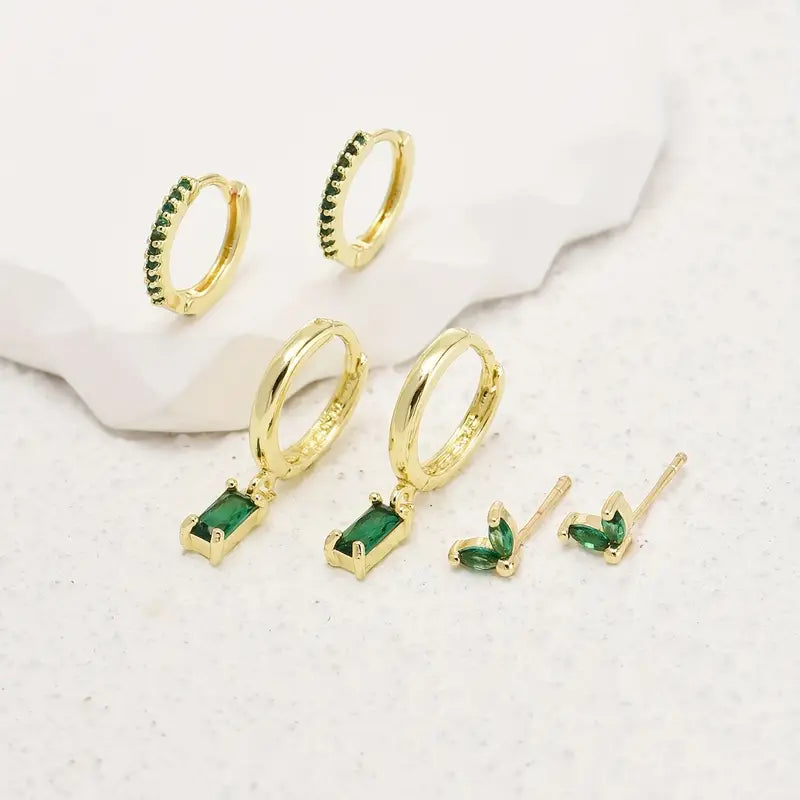 Emerald-Toned Gold Earring Set with Studs, Drops & Pavé Hoops (6 Pieces)