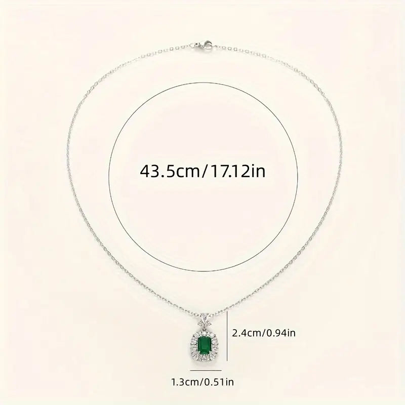 Emerald-Cut Green Stone Halo Pendant Necklace in Silver Tone