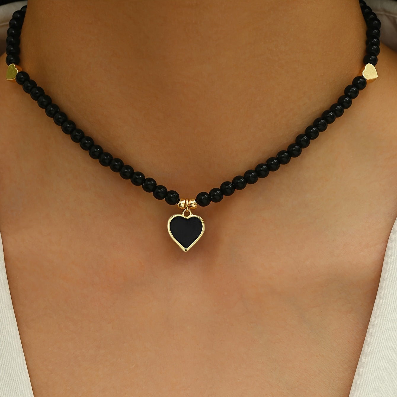 Heart Pendant Black Beaded Necklace with Gold-Tone Accents