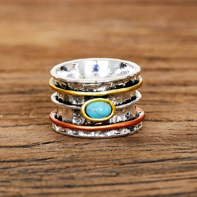Oval Turquoise Statement Ring with Layered Silver, Brass and Copper Bands
