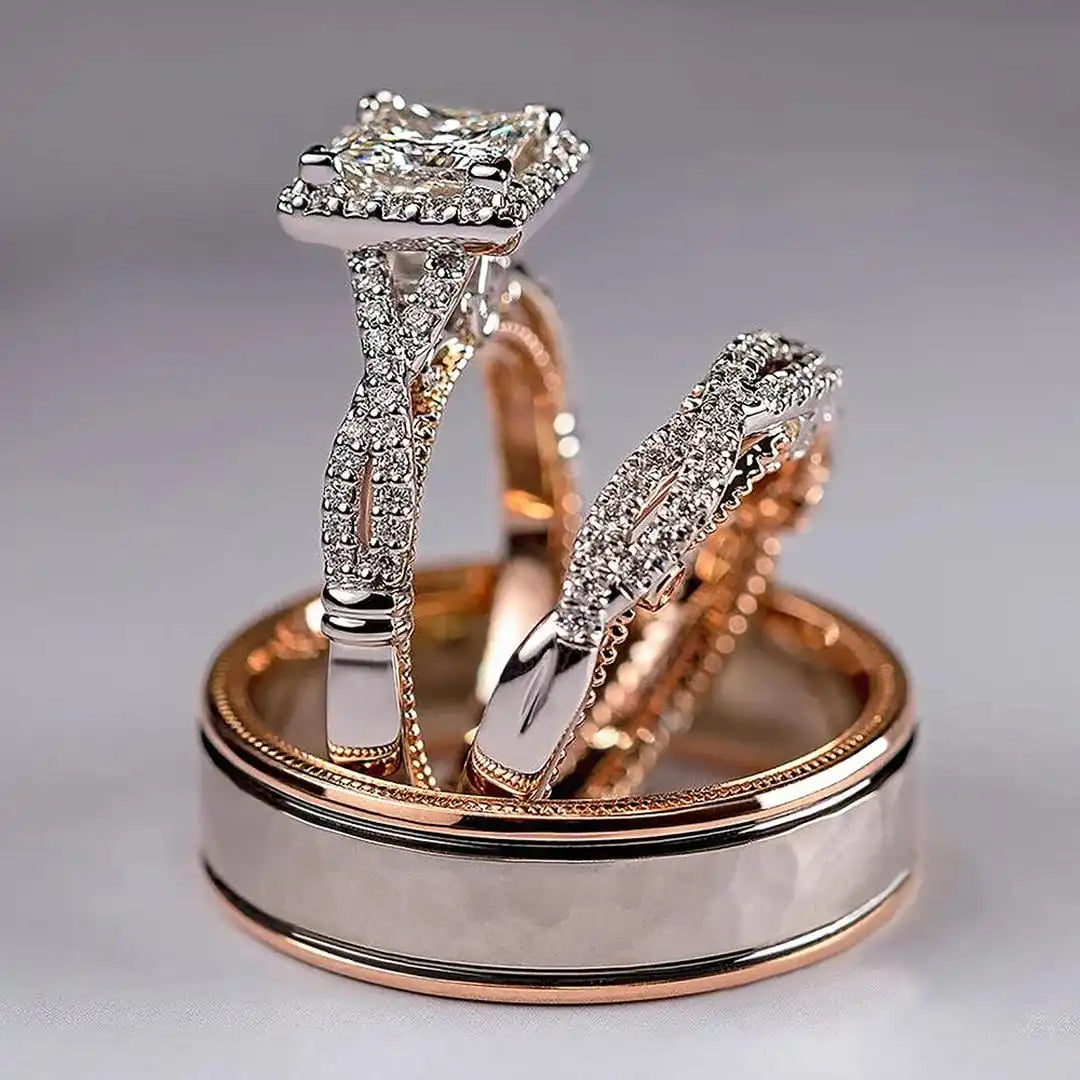 Vintage Cushion-Cut Cubic Zirconia Bridal Set Ring with Rose Gold-Tone Pave Band — main image