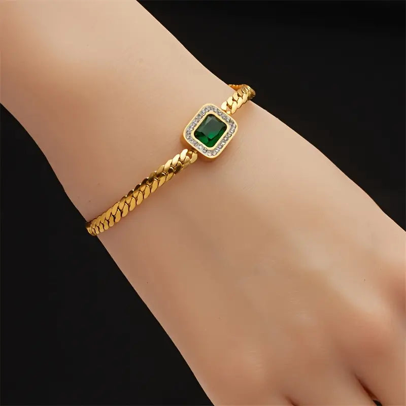 Square Emerald Pendant Bracelet with Crystal Halo, Gold-Tone Curb Chain — view 4