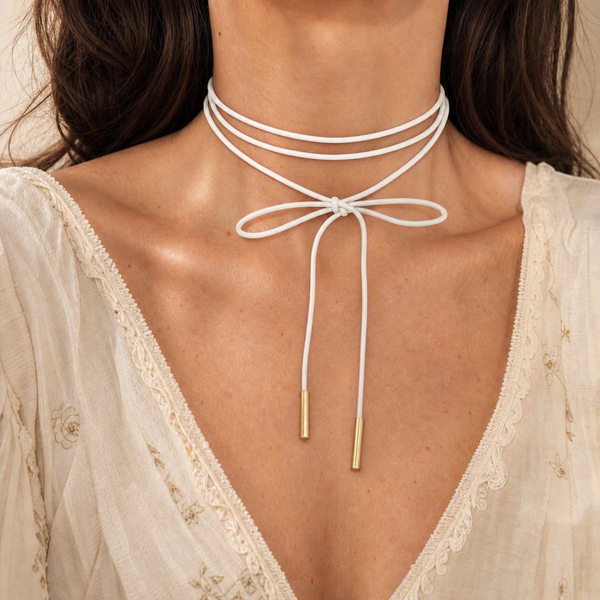 Bow Knot Wrap Choker Necklace with Gold-Tone Tassel Ends — main image