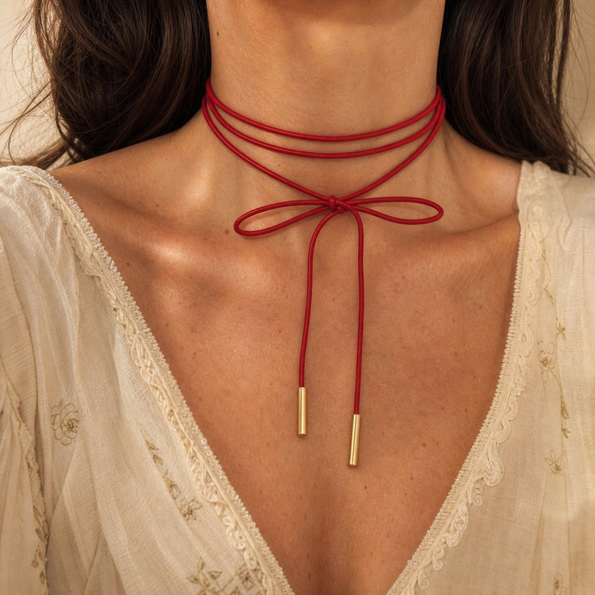 Bow Knot Wrap Choker Necklace with Gold-Tone Tassel Ends — view 2