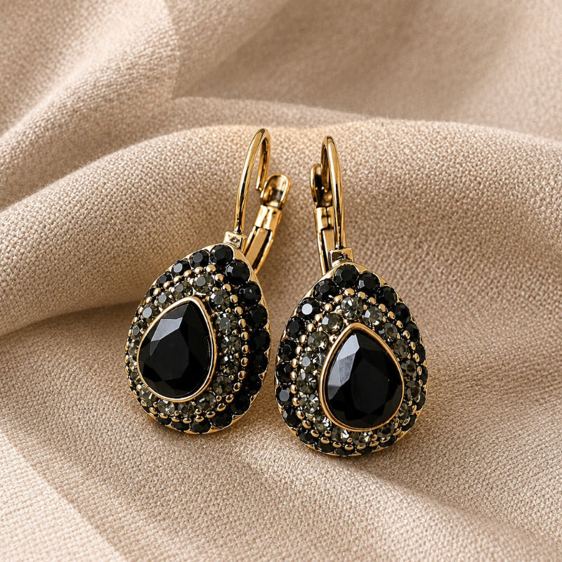 Teardrop Black Stone Earrings with Gold-Tone Pavé Detail — main image