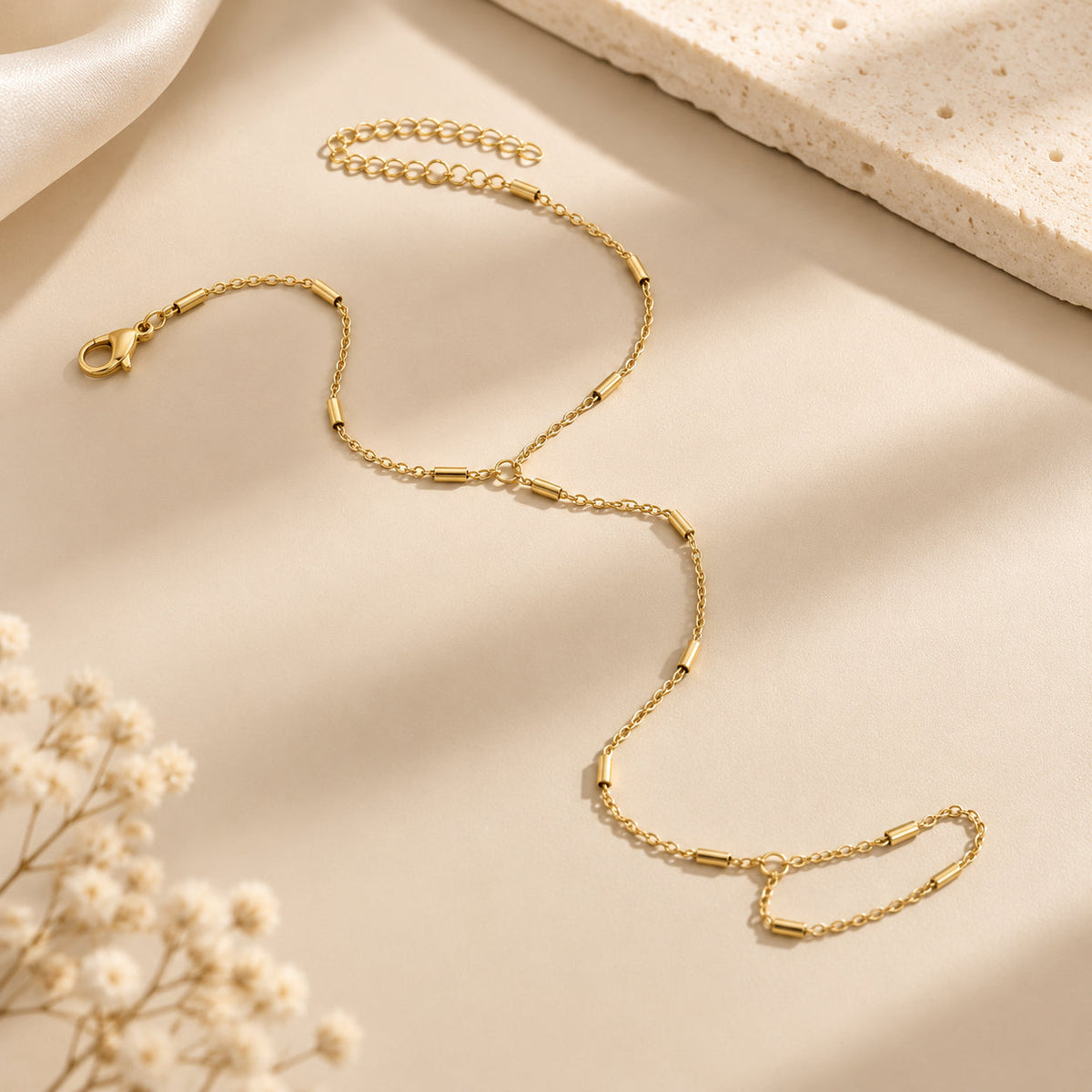 Beaded Hand Chain Bracelet with Gold-Tone Cylindrical Beads — view 2