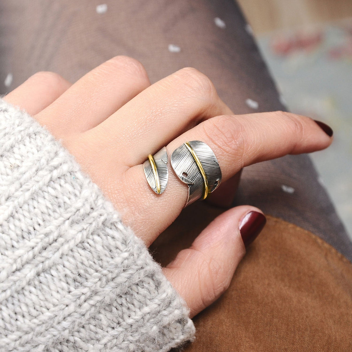 Dual Feather Ring in Sterling Silver 925 with Gold-Tone Accents, Adjustable Size 5.5-8