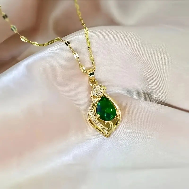 Teardrop Emerald Pendant Necklace with Rhinestone Frame