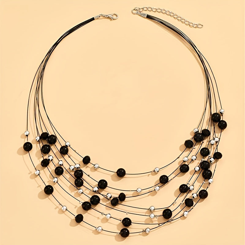 Multi-Strand Imitation Pearl Beaded Boho Necklace with Silver-Tone Accents