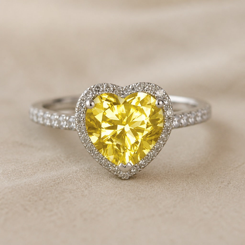 Heart-Cut Yellow Cubic Zirconia Ring with White Gold Plating and Three-Prong Setting — main image