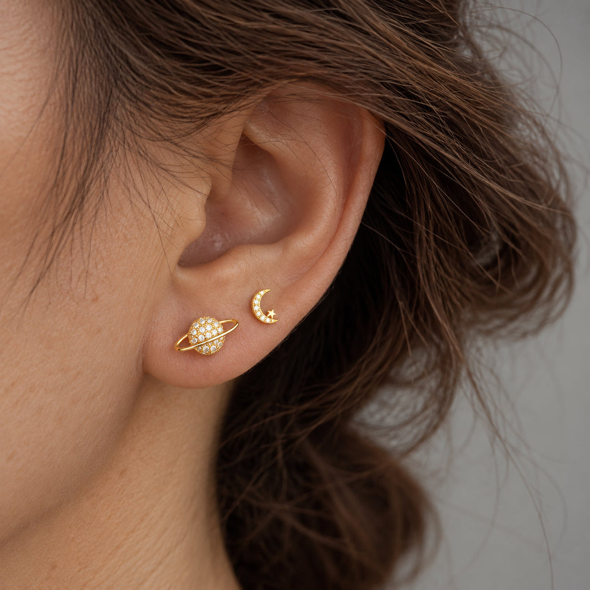 Celestial Moon and Planet Stud Earrings with Cubic Zirconia, Mismatched Gold-Tone Pair — main image