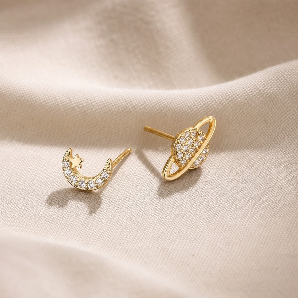 Celestial Moon and Planet Stud Earrings with Cubic Zirconia, Mismatched Gold-Tone Pair — view 2