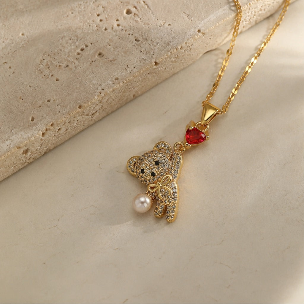 Bear & Heart Pendant Necklace with Red Stone and Pearl Accent — view 2