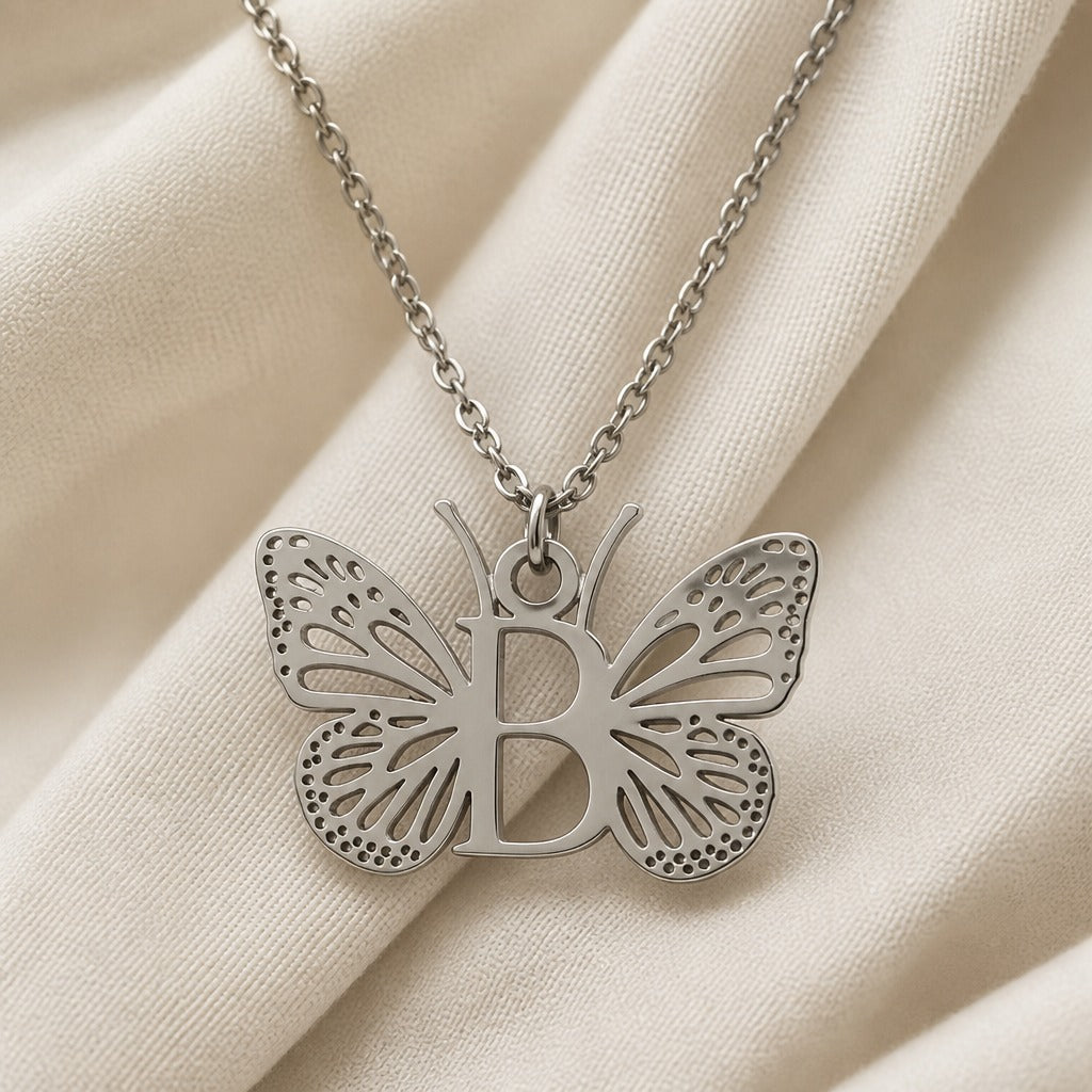 Butterfly Initial Letter Pendant Necklace with Filigree Wings, Gold or Silver Tone — view 5