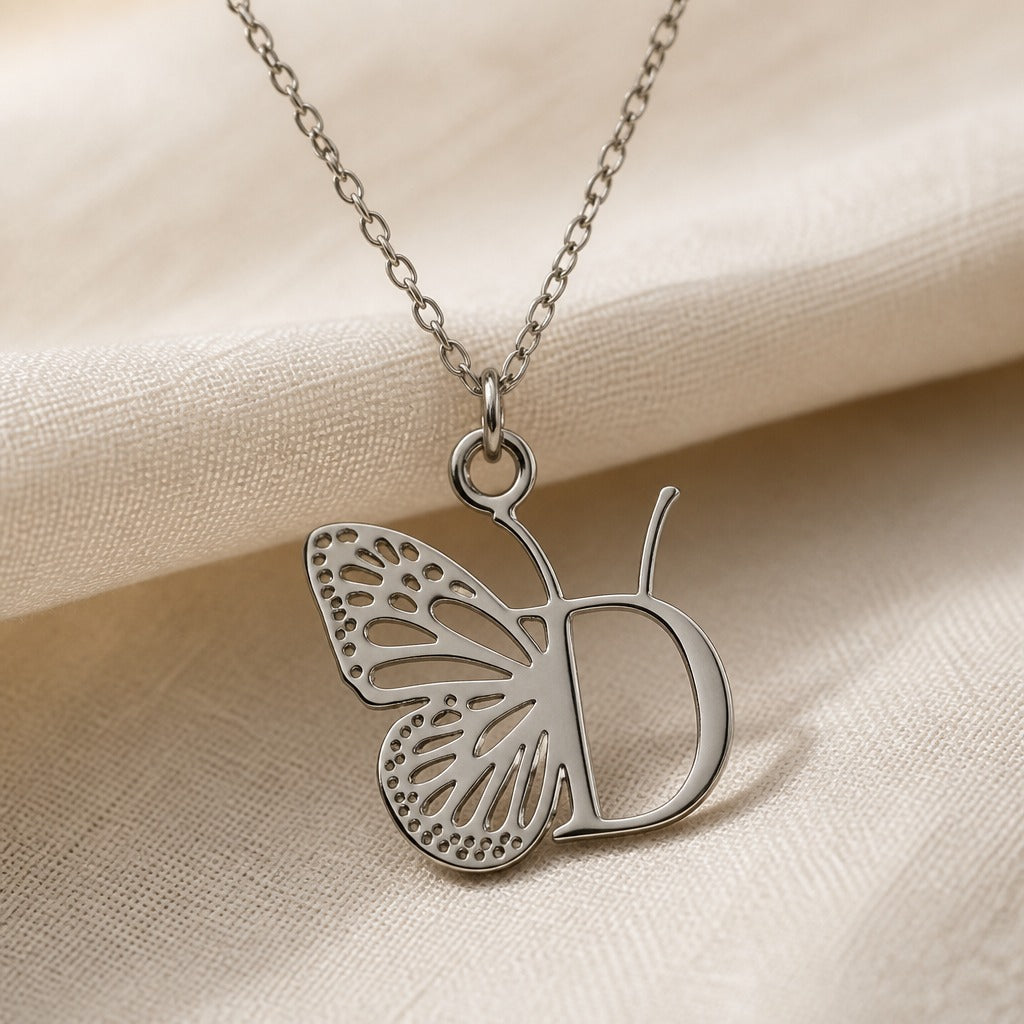 Butterfly Initial Letter Pendant Necklace with Filigree Wings, Gold or Silver Tone — view 9