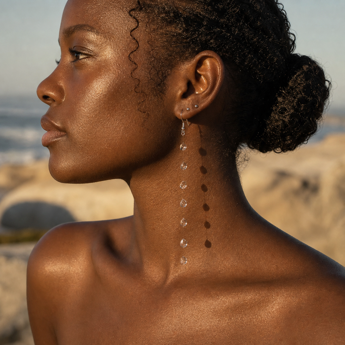 Clear Drop Earrings, Waterproof Linear Cascade with Stud Closure — main image