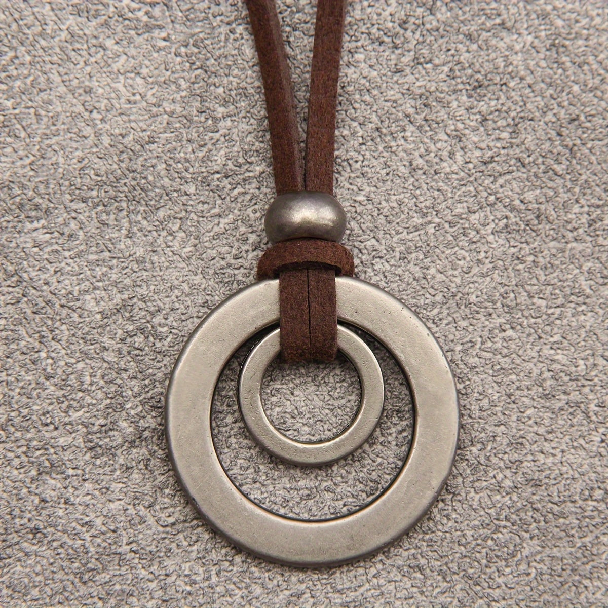 Concentric Circle Pendant Necklace with Adjustable Brown Leather Cord