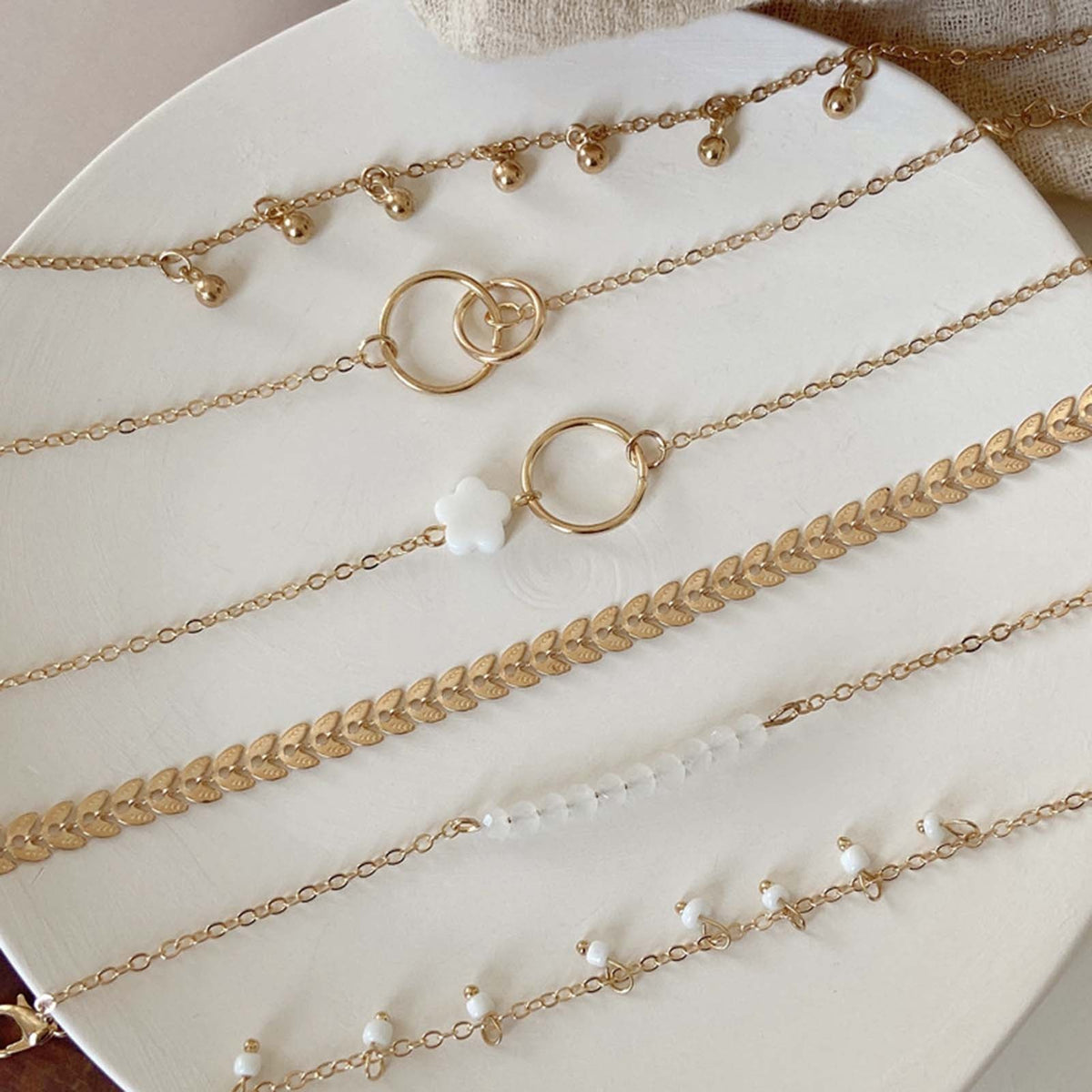 Leaf & Flower Charm Gold-Tone Bracelet Set, 6 Pieces with White Bead Accents — view 2