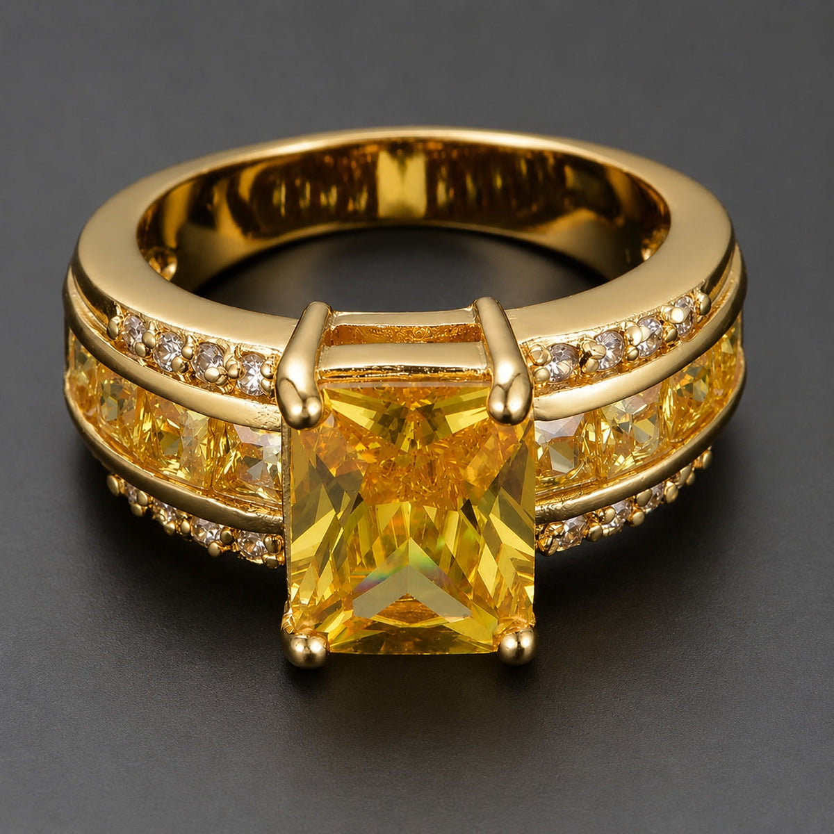 Cushion-Cut Citrine Cocktail Ring with Gold-Tone Baguette Accents — main image