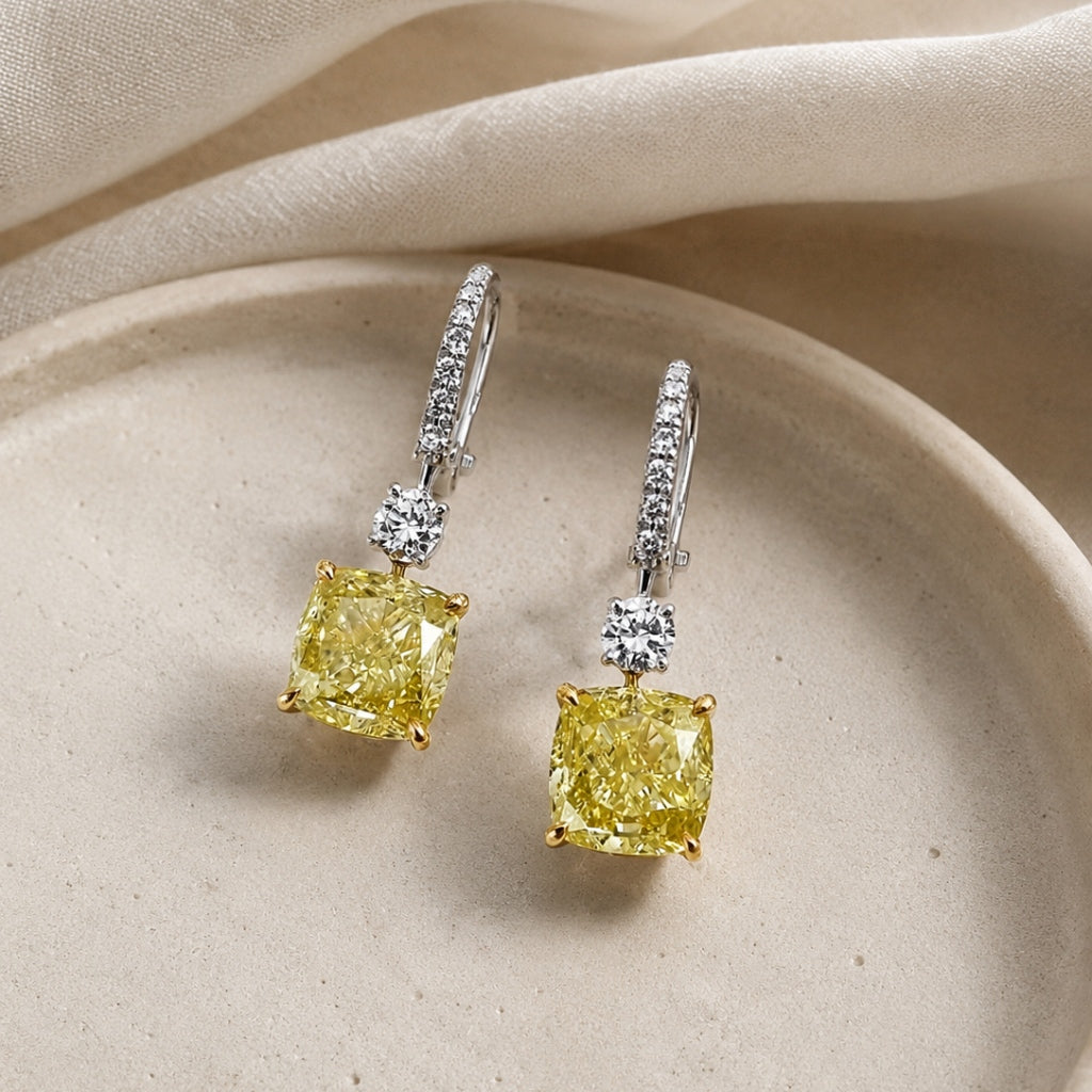 Yellow Synthetic Topaz Cushion-Cut Drop Earrings with Pavé Accents — main image