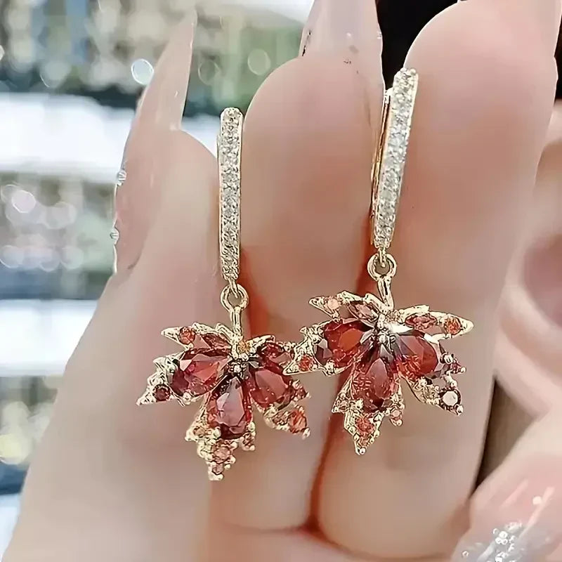 Leaf Cluster Red Stone Drop Earrings with Gold-Tone Accents — main image