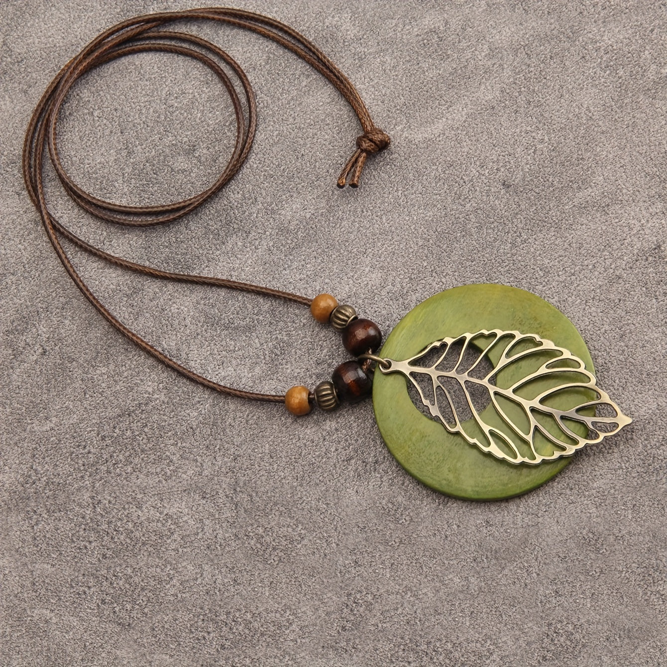 Boho Leaf Pendant Necklace with Wood-Tone Beads