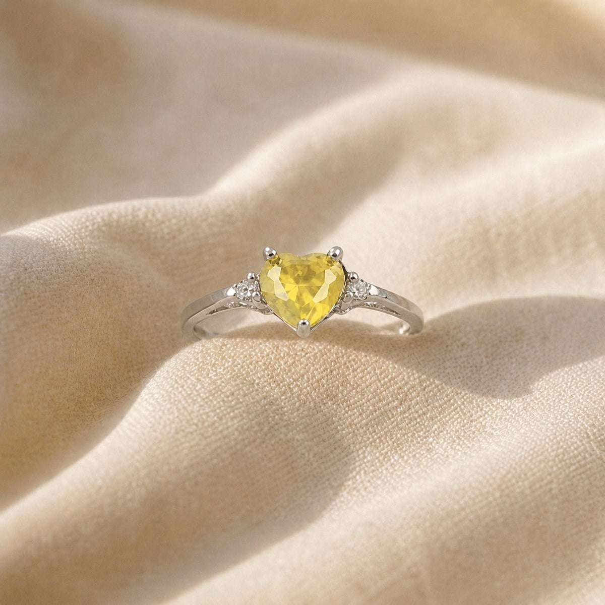 Heart-Cut Yellow Cubic Zirconia Ring with White Metal Band — main image