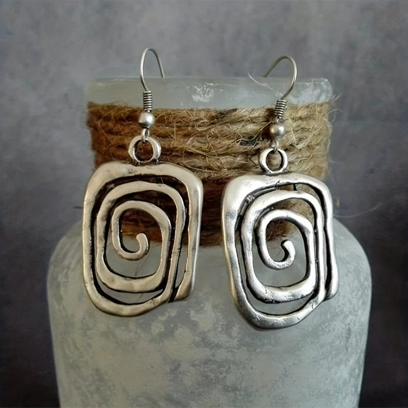 Spiral Rectangular Pendant Drop Earrings in Silver Tone