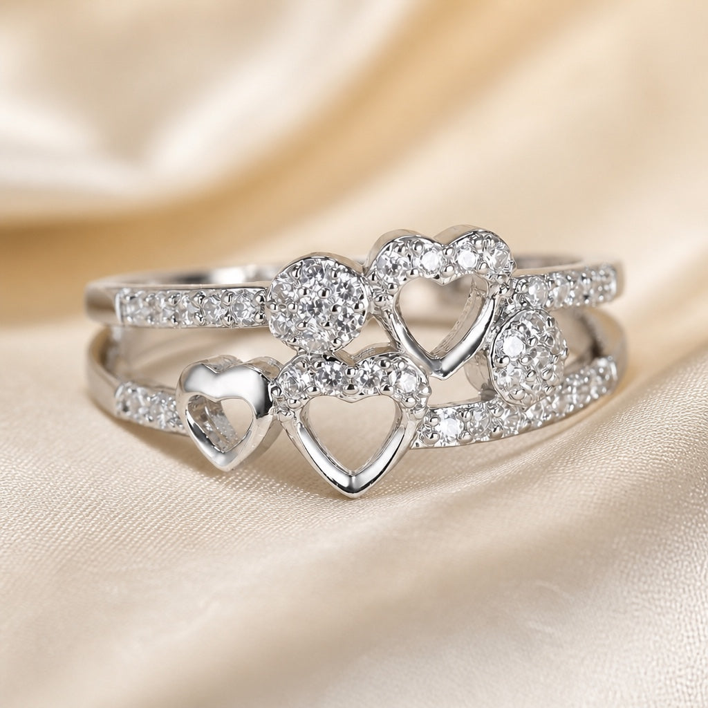 Multi-Heart Cubic Zirconia Cluster Ring with Pavé Band — main image